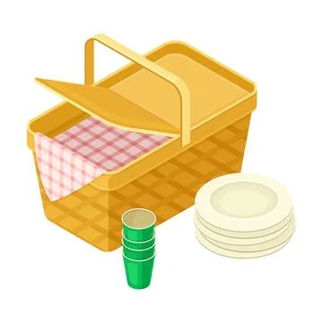 Hamper with Checkered Tablecloth and Stacked Plates and Cups Rested Nearby as Illustrazione stock