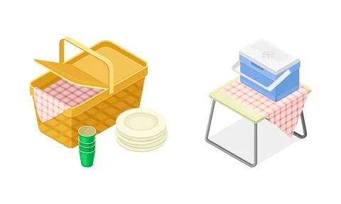Hamper with Checkered Tablecloth and Stacked Plates and Refrigerator Box as 库存插图