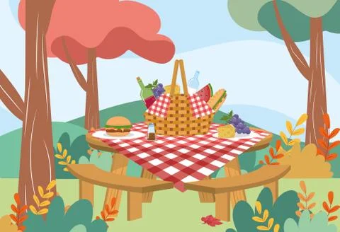 Hamper with wine bottle and bread with hamburger Stock Illustration