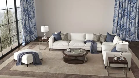 Hampton style light interior design livingroom with large sofa, top view. Mockup Stock Footage 245195653