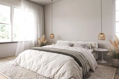 Hamptons white bedroom interior design. Light wall mockup. Window with curtain Illustration