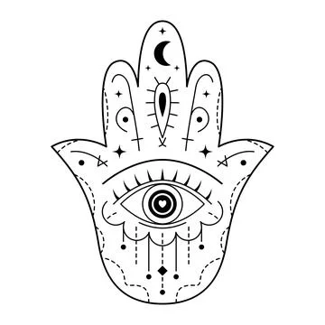 Hamsa hand drawn symbol with evil eye. Protection sign. Mystic decorative pat Stock Illustration