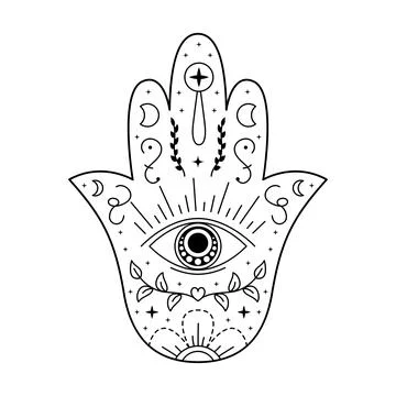 Hamsa hand drawn symbol with evil eye. Protection sign. Mystic decorative pat Stock Illustration