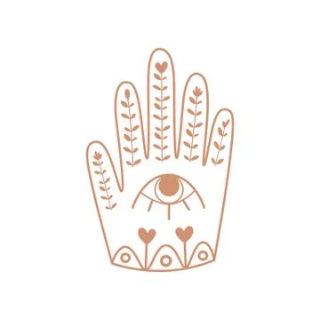 Hamsa Hand with eye. Boho hand, floral ornrate ethnic elements, good fortune Illustrazione stock