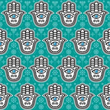 Hamsa hand, Hand of Fatima vector seamless pattern, protection from devil eye, 스톡 일러스트