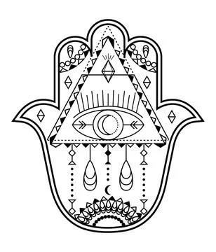 Hamsa hand vector with mystical, esoteric symbols like pyramid, evil eye. Ind Stock-Illustration