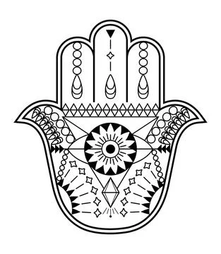 Hamsa hand vector with mystical, esoteric symbols like pyramid, evil eye. Ind Stock-Illustration
