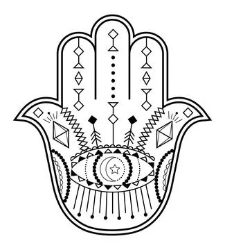 Hamsa hand vector with mystical, esoteric symbols like pyramid, evil eye. Ind 스톡 일러스트