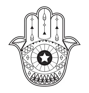 Hamsa hand vector with mystical, esoteric symbols like pyramid, evil eye. Ind Stock Illustration
