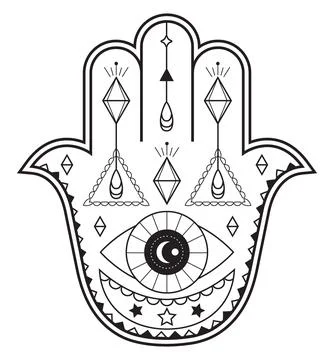 Hamsa hand vector with mystical, esoteric symbols like pyramid, evil eye. Ind Illustrazione stock
