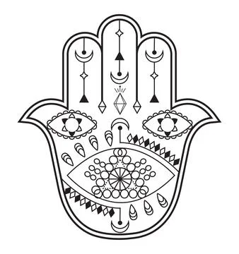 Hamsa hand vector with mystical, esoteric symbols like pyramid, evil eye. Ind Stock Illustration