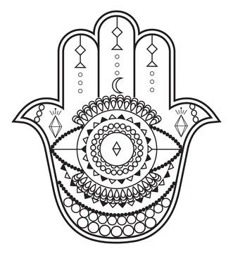 Hamsa hand vector with mystical, esoteric symbols like pyramid, evil eye. Ind Stock Illustration
