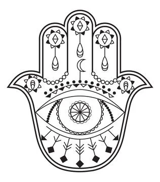 Hamsa hand vector with mystical, esoteric symbols like pyramid, evil eye. Ind Illustrazione stock