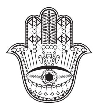 Hamsa hand vector with mystical, esoteric symbols like pyramid, evil eye. Ind Stock-Illustration