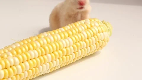 Hamster moving along large corn cob in studio Stock Footage 322802421