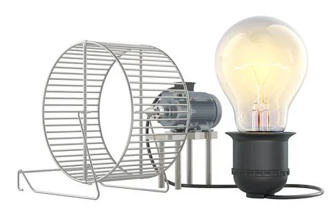 Hamster wheel to generate power for lightbulb, 3D rendering Ilustração Stock