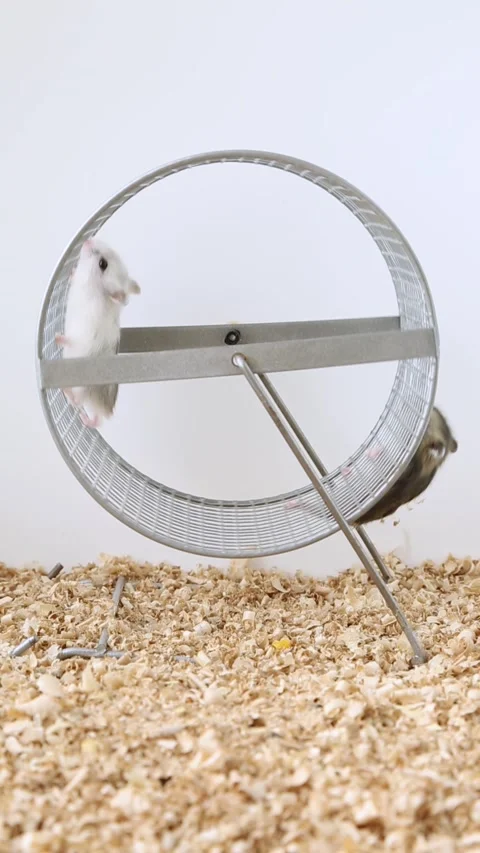 Hamsters crawl on the wheel. Small, fluffy mice walk on the wheel. Stock Footage 220443555