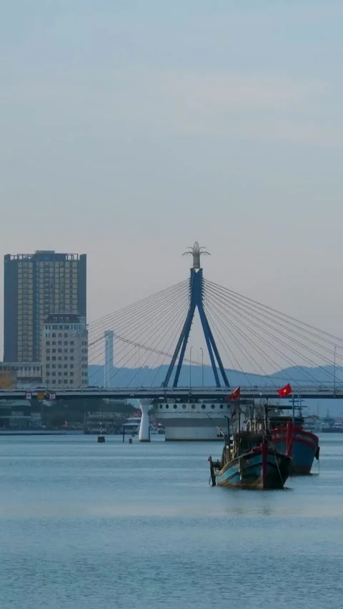 Han River Bridge Da Nang Vietnam cable-stayed swing bridge over Han River Stock Footage 323453760
