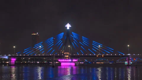 Han River Bridge at night led lights seen from river boat tour Stock Footage 271608463