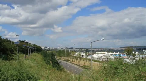 Han river park in Seoul against beautiful clouds Stock Footage