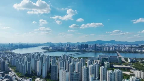 The Han River, Railway Bridge and Olympic Bridge from Jamsil in Seoul Stock Footage 346470178
