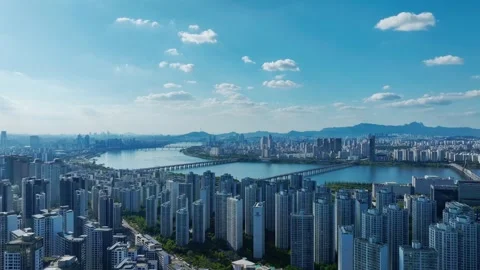 The Han River, Railway Bridge and Olympic Bridge from Jamsil in Seoul Stock Footage 346470490