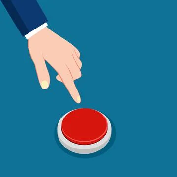 The hand is about to press a separate red warning button on the background. a Stock Illustration