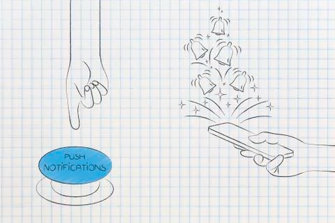 Hand about to push button next to hand holding smartphone with notification i Stock Illustration