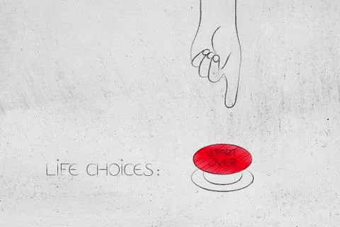 Hand about to push a Start Over button for life choices Ilustração Stock