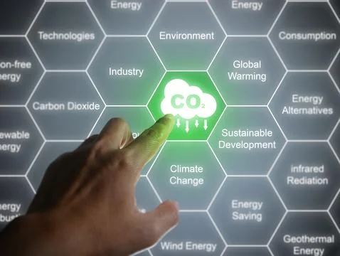 Hand activates reduction of CO2 emission. Reduce carbon dioxide Stock Photos