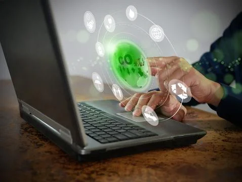 Hand activates reduction of CO2 emission. Reduce carbon dioxide concept Stock Photos