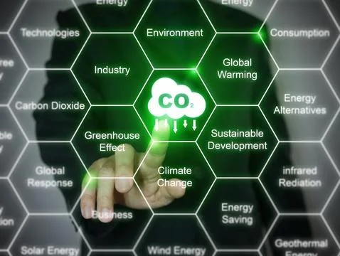 Hand activates reduction of CO2 emission. Reduce carbon dioxide Stock Photos