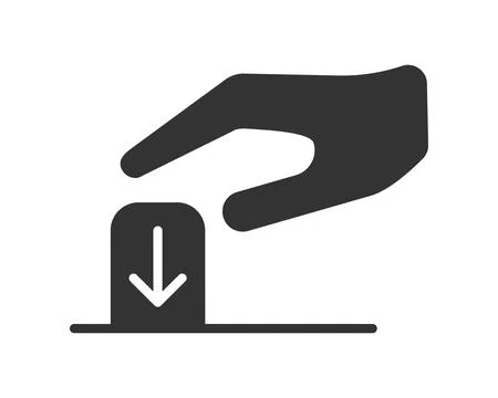 Hand activating a button with a downward arrow. Symbolizes initiation, down.. Stock Illustration
