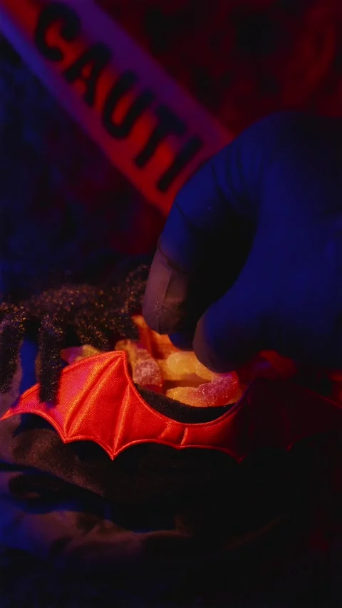 Hand adding gummy candy into spider guarded Halloween pouch Видео 342423135