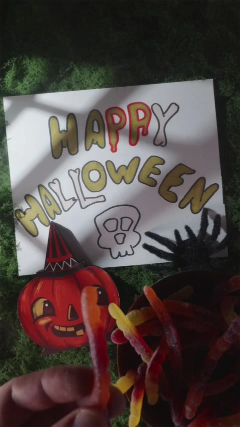 Hand adding gummy worms near witch hat pumpkin and Happy Halloween text Stock Footage 342423146