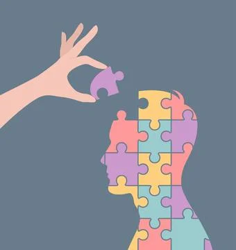 Hand adding a missing puzzle piece to silhouette of a man Stock Illustration