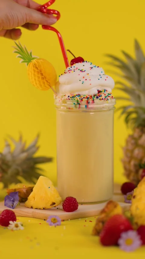 Hand Adds Curly Straw to Pineapple Milkshake with Whipped Cream Stock Footage 321801049