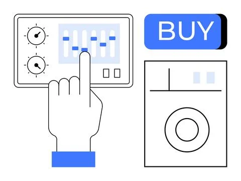 Hand adjusting audio mixer settings, alongside a washing machine and BUY butt Illustrazione stock