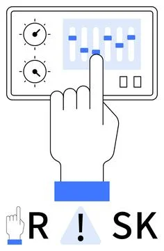 Hand adjusting control panel sliders, two dials, and illustrated RISK with fi Stock Illustration