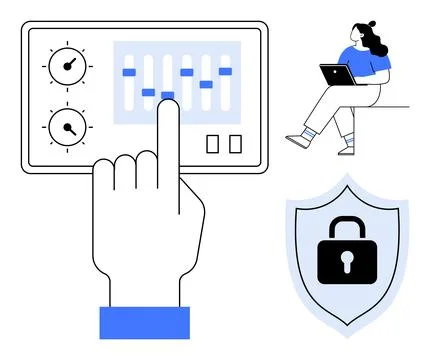 Hand Adjusting Panel Settings with Person Using Laptop and Security Shield イラスト素材
