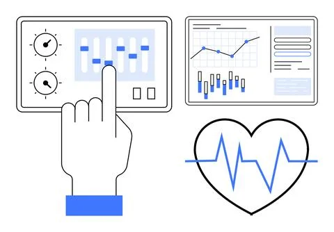 Hand Adjusting Settings on Control Panel with Heartbeat Line and Data Analy.. Stock Illustration