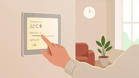 Hand adjusting smart home control panel interface on wall Stock Footage 332535538