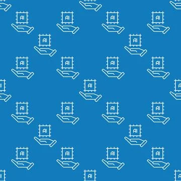 Hand with AI Chip vector Artificial Intelligence thin line seamless pattern Stock Illustration