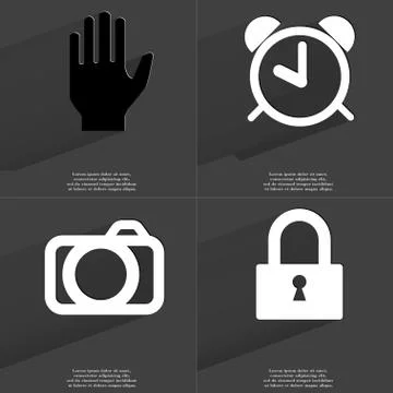 Hand, Alarm clock, Camera, Lock. Symbols with long shadow. Flat design Stock Illustration