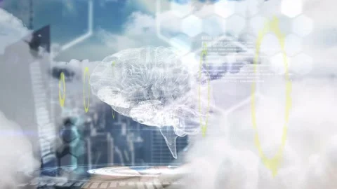 Hand aligning tablet on pad, HUD rings expanding, brain hologram rotating to Stock Footage 333817352