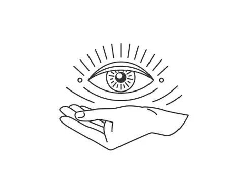 Hand with all-seeing eye design element in simple flat esoteric line style Stock Illustration