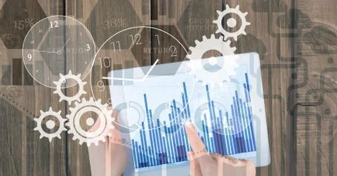 Hand analyzing graph on digital tablet with clock and gears overlay Stock Illustration