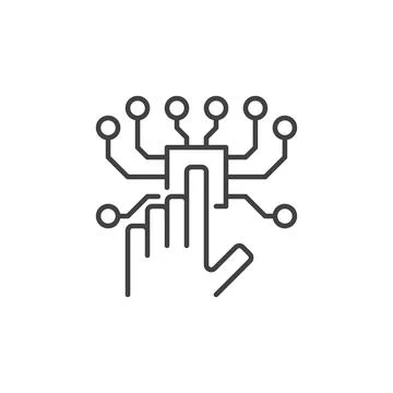 Hand and AI Chip vector Artificial Intelligence concept thin line icon Stock Illustration