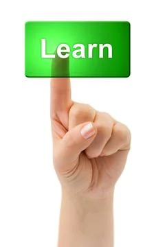 Hand and button Learn Hand and button Learn isolated on white background C... Fotos Stock