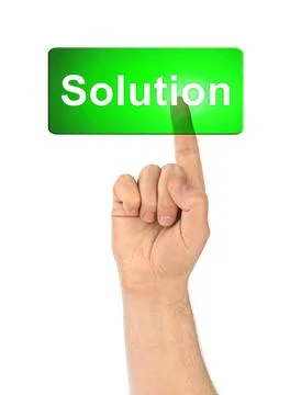 Hand and button Solution Hand and button Solution isolated on white backgr... Stock-Fotos